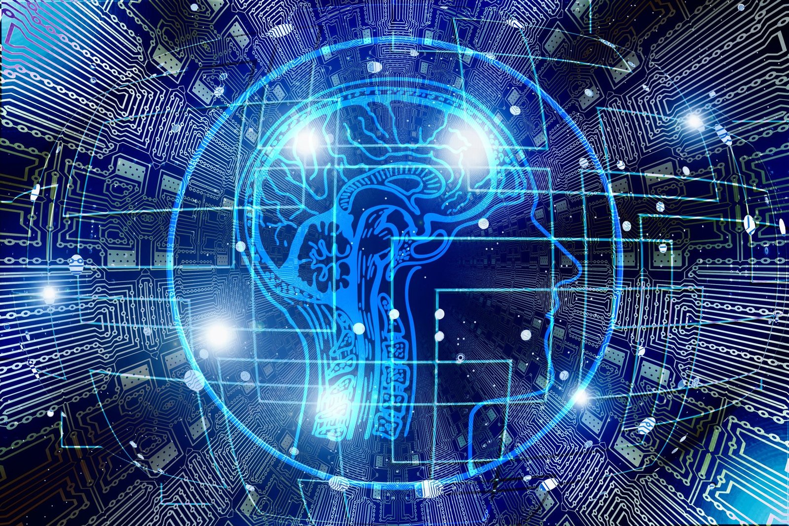 Illustration of a human brain surrounded by artificial intelligence circuitry